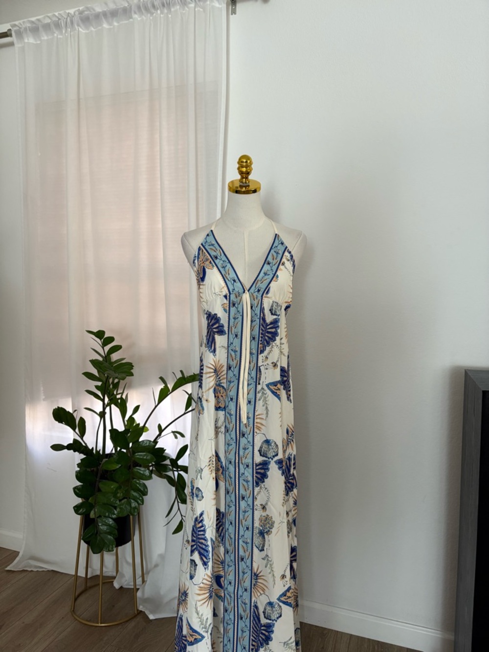 Commense Cream Maxi Dress with Blue and Tan Leaf Print